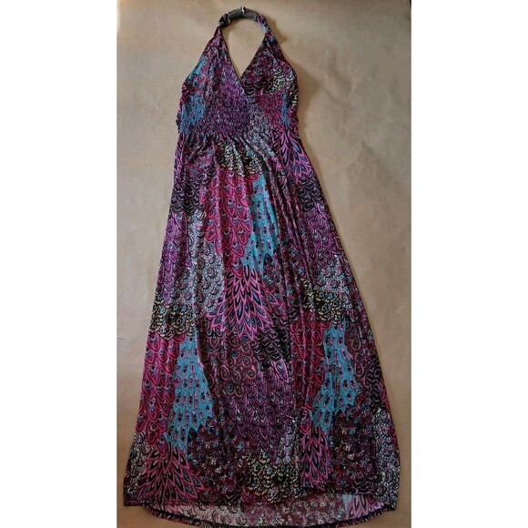 Shoreline Maxi Dress Womens L/XL Halter Smocked Back Pink Paisley Beach Artsy - Picture 2 of 9